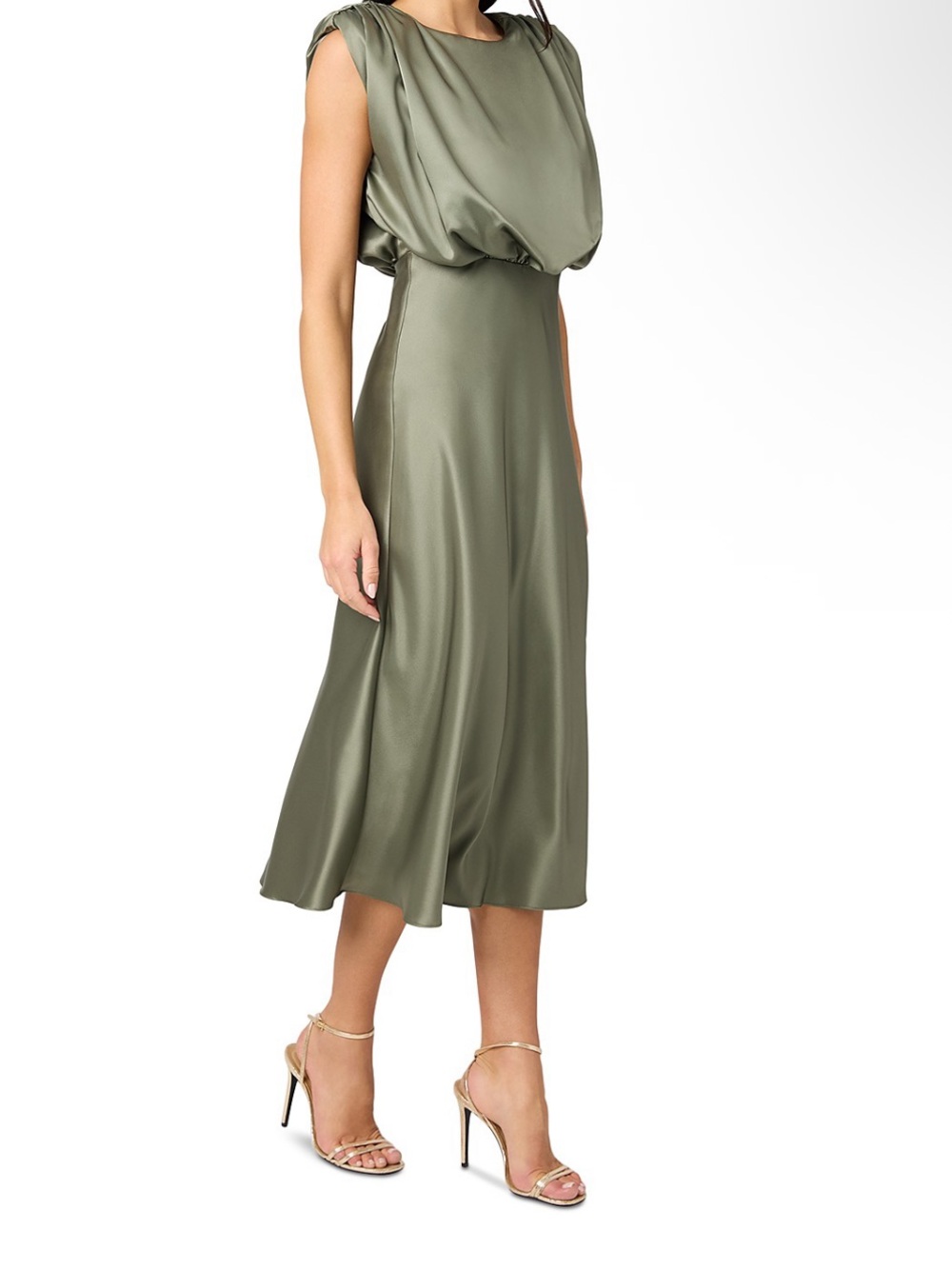 Toccin Satin Olive Midi Skirt — Women's Flowy Evening Skirt